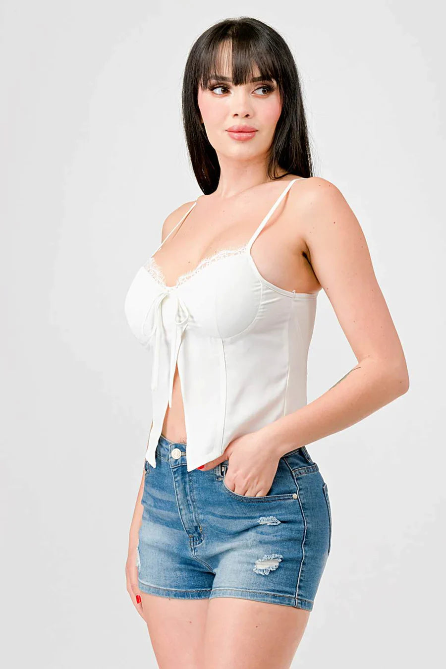 LUXE LACE TRIM SWEETHEART DRAWSTRING BOW ZIPPER CLOSURE BACK CAMI TOP Bella Moda Latina