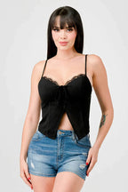 LUXE LACE TRIM SWEETHEART DRAWSTRING BOW ZIPPER CLOSURE BACK CAMI TOP Bella Moda Latina