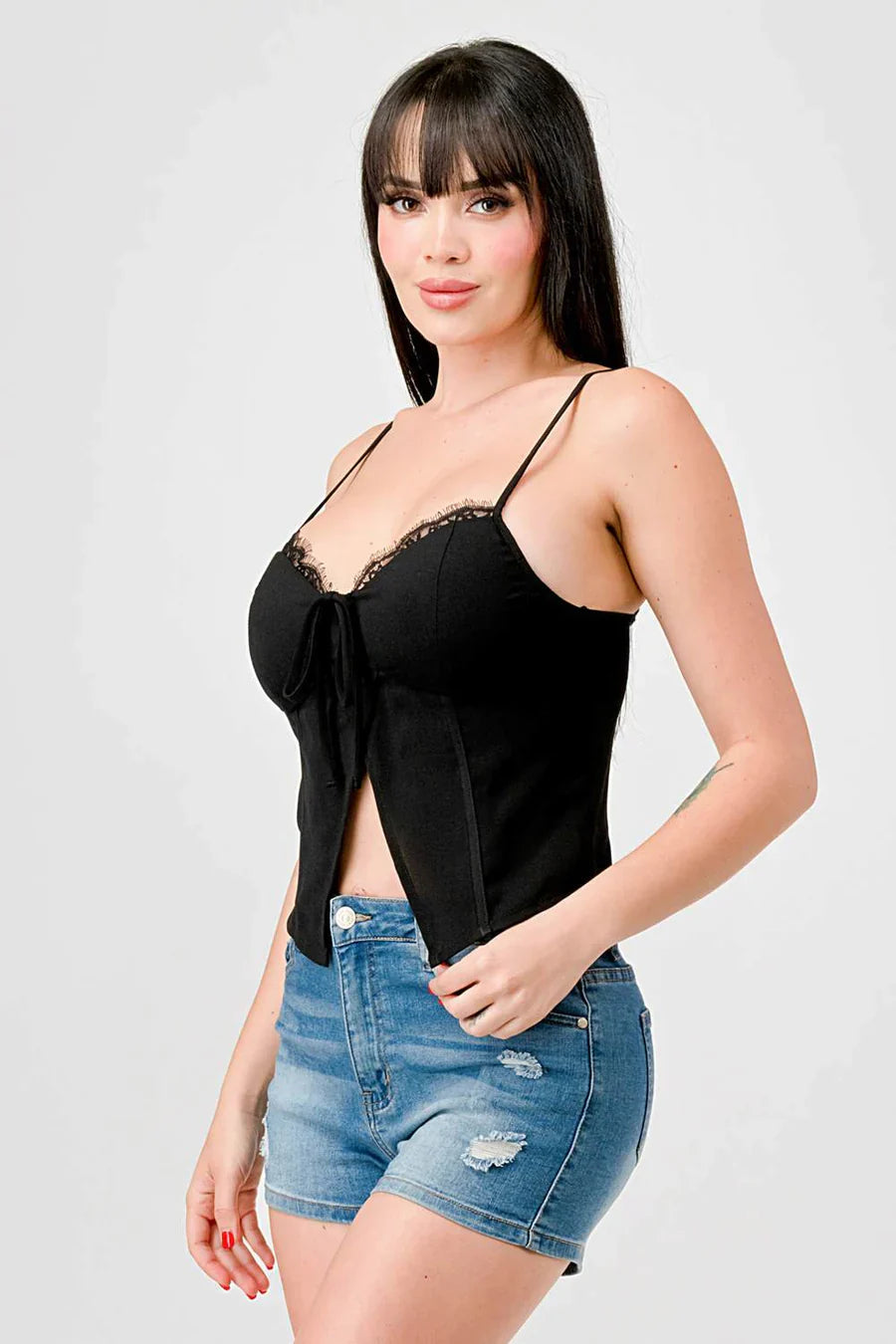 LUXE LACE TRIM SWEETHEART DRAWSTRING BOW ZIPPER CLOSURE BACK CAMI TOP Bella Moda Latina