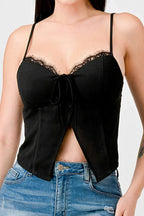 LUXE LACE TRIM SWEETHEART DRAWSTRING BOW ZIPPER CLOSURE BACK CAMI TOP Bella Moda Latina