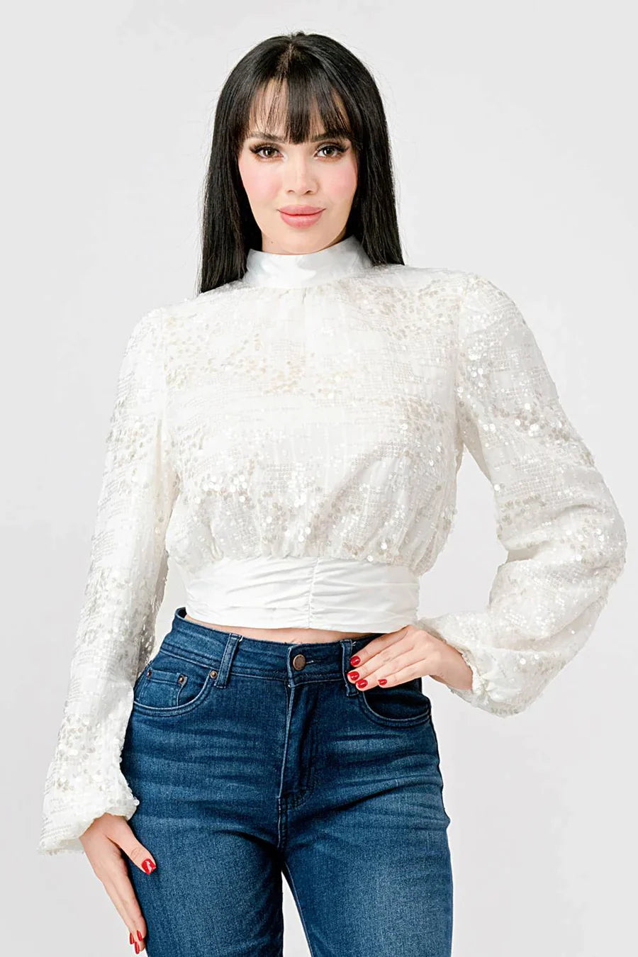 LUXE SEQUINS TEXTURE SATIN OPEN BACK TIE CROPPED TOP Bella Moda Latina