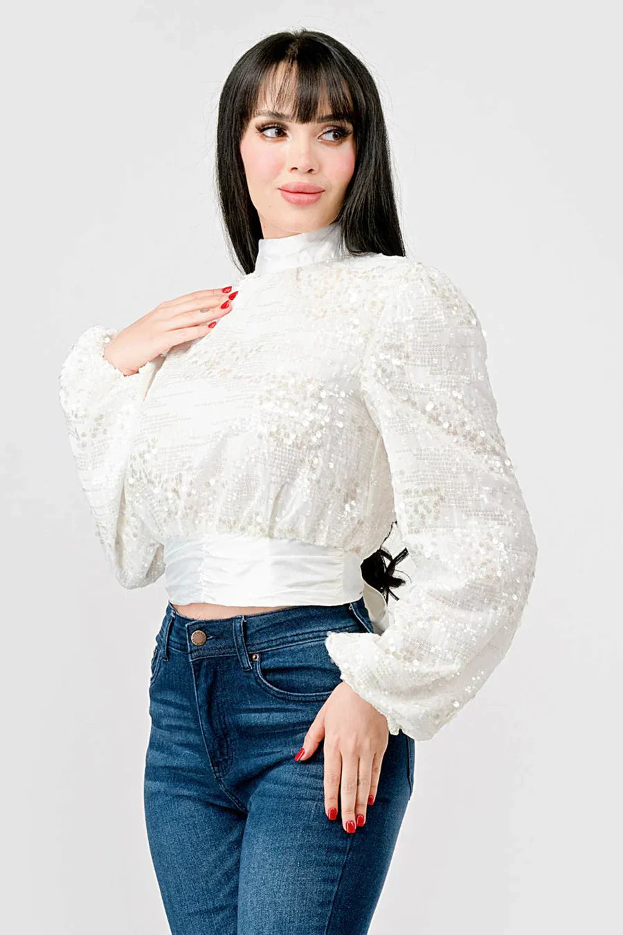 LUXE SEQUINS TEXTURE SATIN OPEN BACK TIE CROPPED TOP Bella Moda Latina