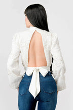 LUXE SEQUINS TEXTURE SATIN OPEN BACK TIE CROPPED TOP Bella Moda Latina