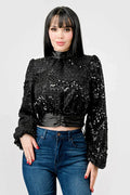 LUXE SEQUINS TEXTURE SATIN OPEN BACK TIE CROPPED TOP Bella Moda Latina