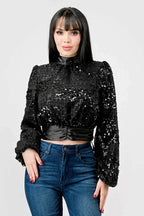 LUXE SEQUINS TEXTURE SATIN OPEN BACK TIE CROPPED TOP Bella Moda Latina