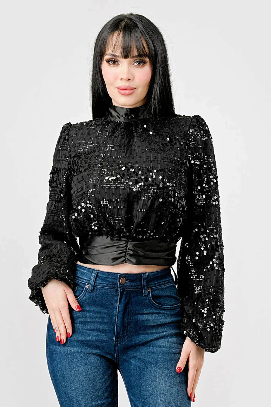 LUXE SEQUINS TEXTURE SATIN OPEN BACK TIE CROPPED TOP Bella Moda Latina