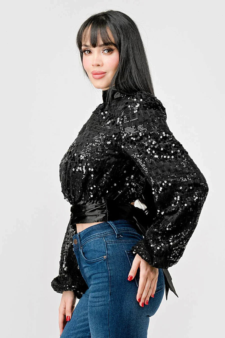 LUXE SEQUINS TEXTURE SATIN OPEN BACK TIE CROPPED TOP Bella Moda Latina