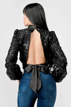 LUXE SEQUINS TEXTURE SATIN OPEN BACK TIE CROPPED TOP Bella Moda Latina