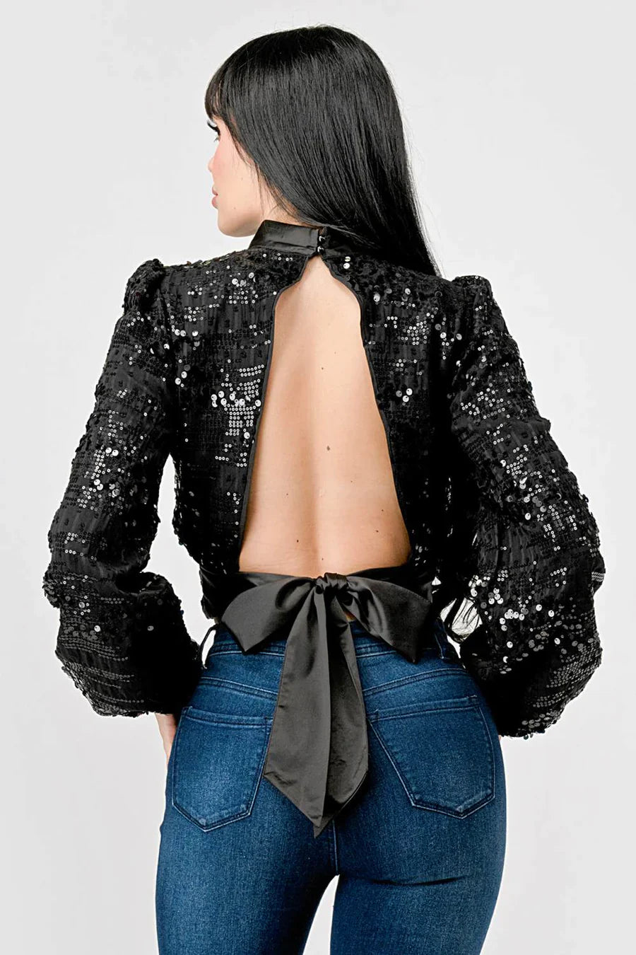 LUXE SEQUINS TEXTURE SATIN OPEN BACK TIE CROPPED TOP Bella Moda Latina