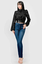 LUXE SEQUINS TEXTURE SATIN OPEN BACK TIE CROPPED TOP Bella Moda Latina