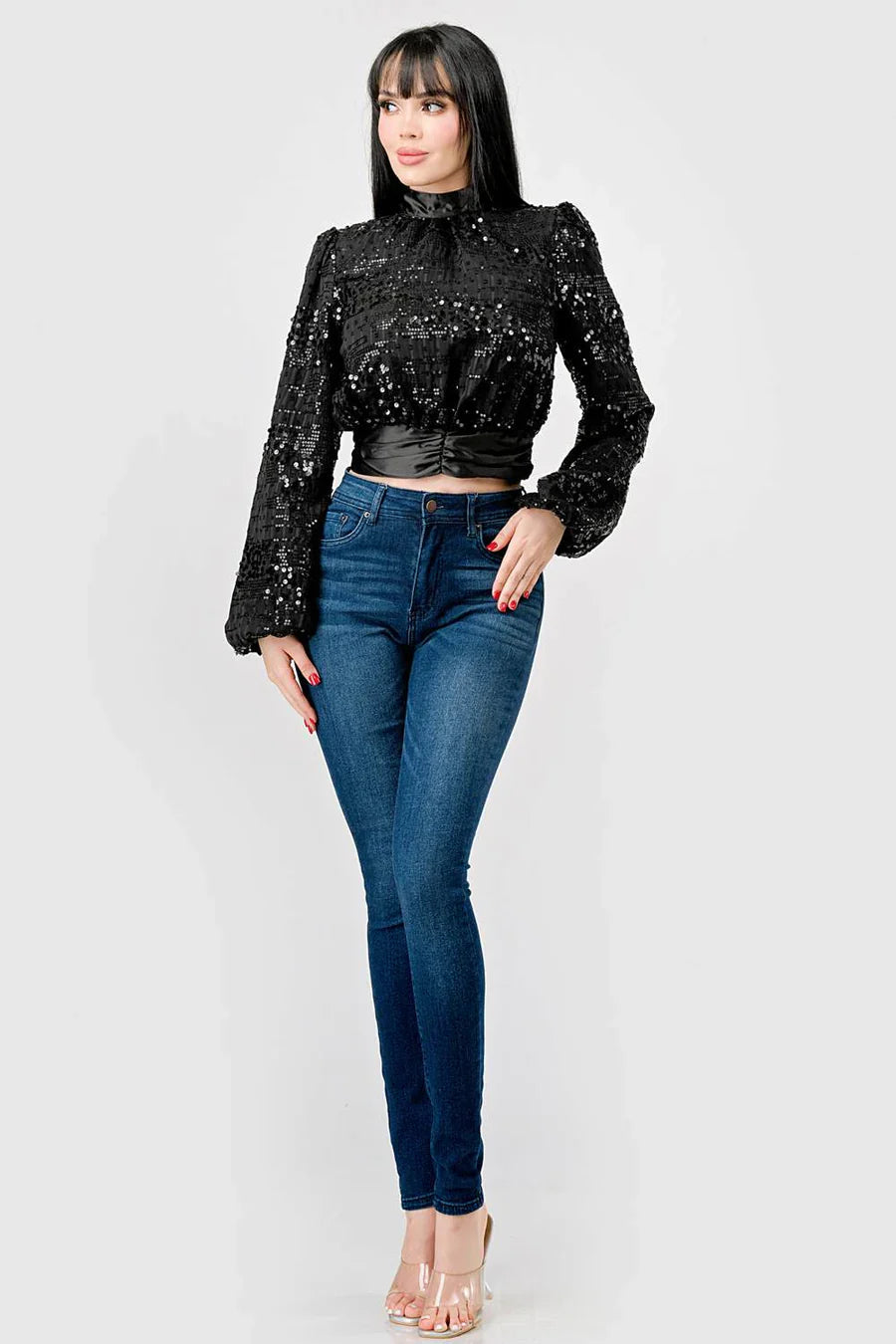 LUXE SEQUINS TEXTURE SATIN OPEN BACK TIE CROPPED TOP Bella Moda Latina