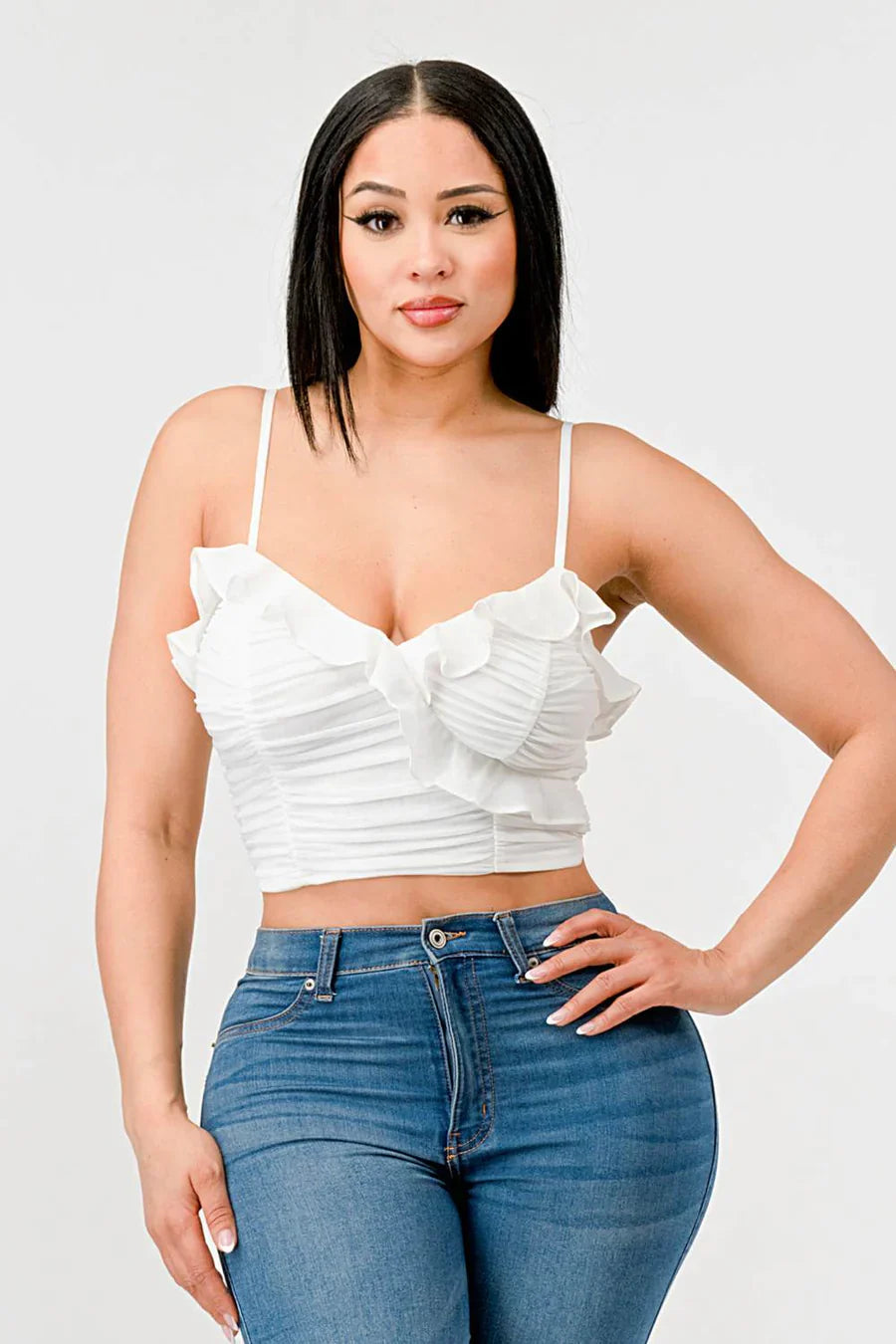 MESH CONTRAST RUCHED SWEETHEART WITH CHIFFON CAMISOLE RUFFLED CROPPED TOP Bella Moda Latina