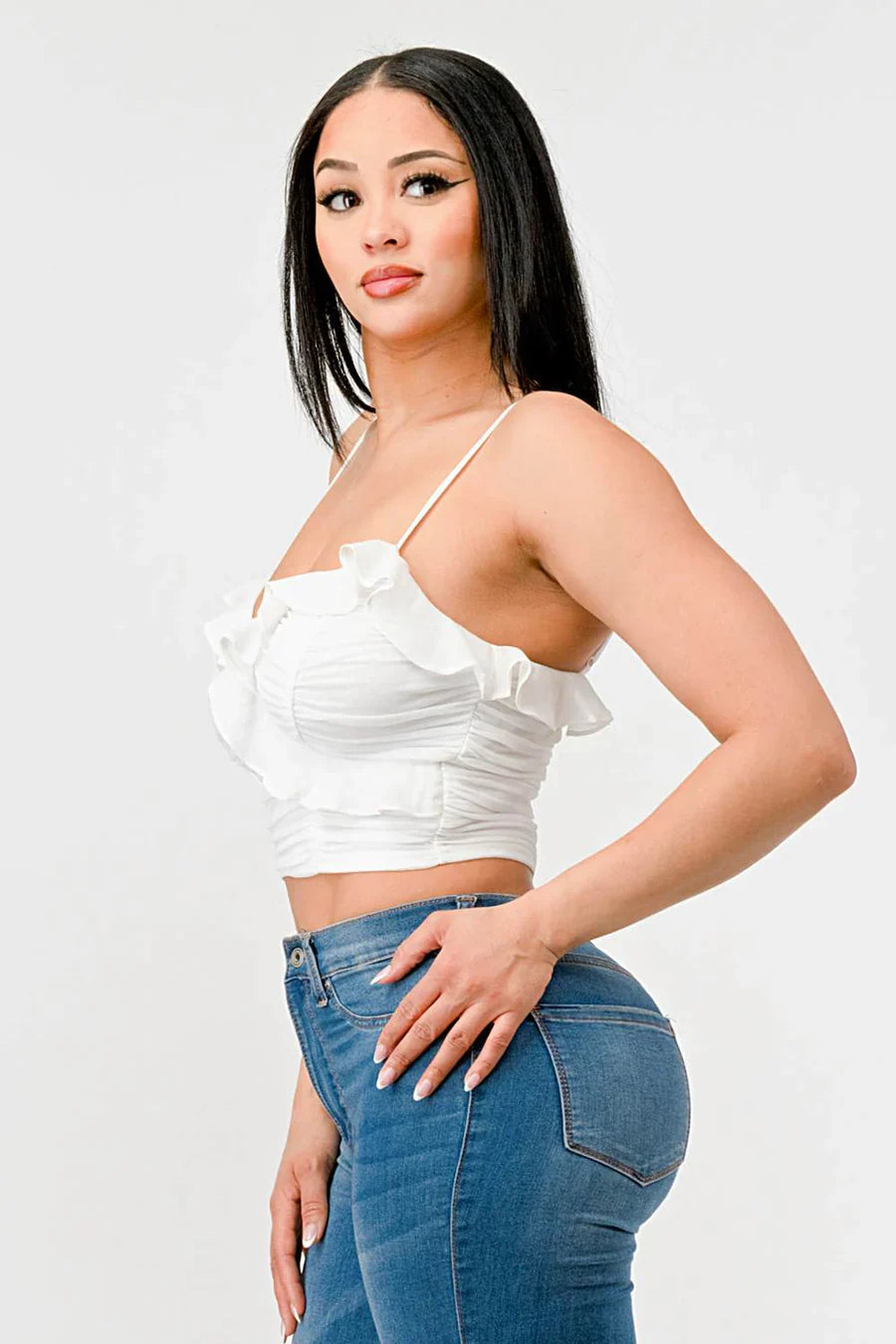 MESH CONTRAST RUCHED SWEETHEART WITH CHIFFON CAMISOLE RUFFLED CROPPED TOP Bella Moda Latina