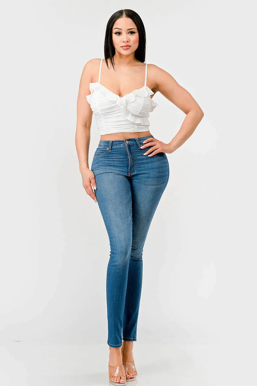 MESH CONTRAST RUCHED SWEETHEART WITH CHIFFON CAMISOLE RUFFLED CROPPED TOP Bella Moda Latina