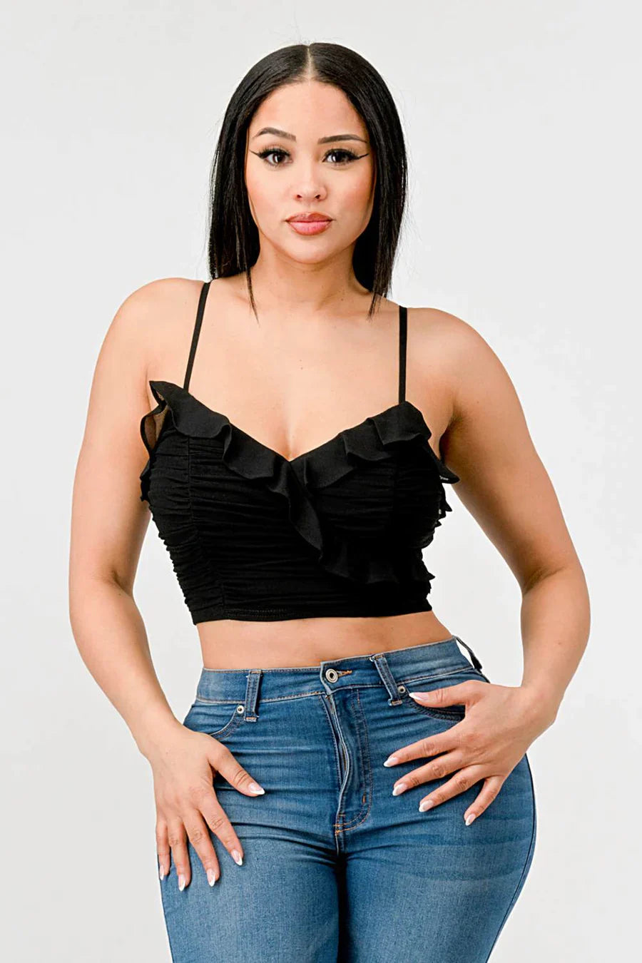 MESH CONTRAST RUCHED SWEETHEART WITH CHIFFON CAMISOLE RUFFLED CROPPED TOP Bella Moda Latina