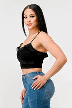 MESH CONTRAST RUCHED SWEETHEART WITH CHIFFON CAMISOLE RUFFLED CROPPED TOP Bella Moda Latina