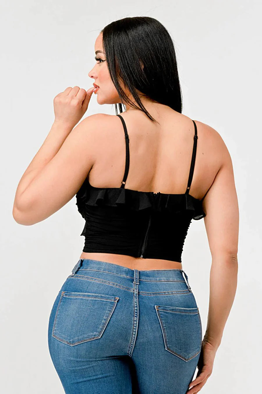 MESH CONTRAST RUCHED SWEETHEART WITH CHIFFON CAMISOLE RUFFLED CROPPED TOP Bella Moda Latina