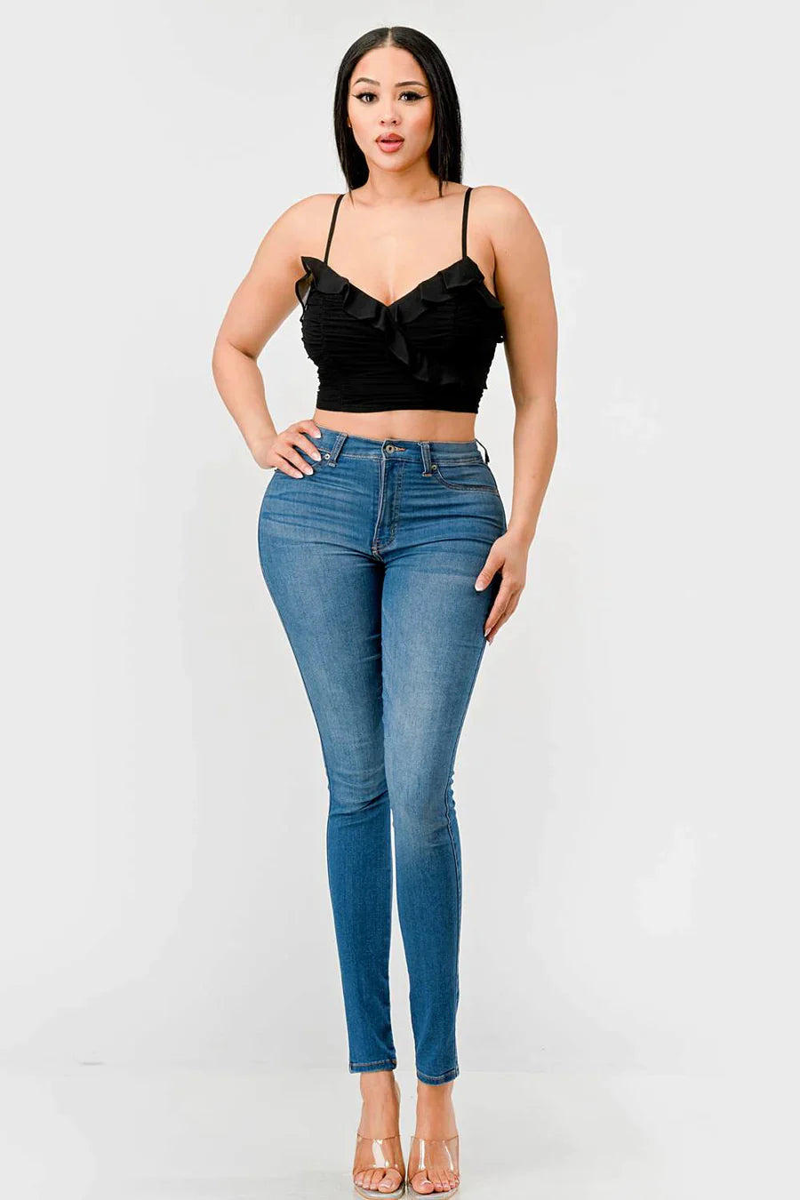 MESH CONTRAST RUCHED SWEETHEART WITH CHIFFON CAMISOLE RUFFLED CROPPED TOP Bella Moda Latina