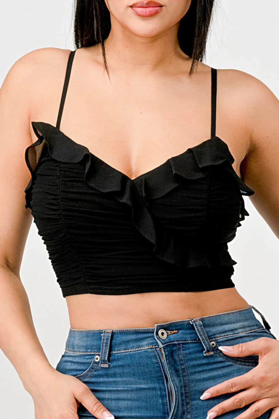 MESH CONTRAST RUCHED SWEETHEART WITH CHIFFON CAMISOLE RUFFLED CROPPED TOP Bella Moda Latina