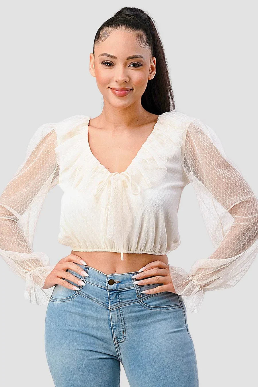 POLKA DOT MESH V-NECK RUFFLE DRAPED DRAWSTRING BOW PUFF LONG SLEEVES CROPPED TOP Bella Moda Latina