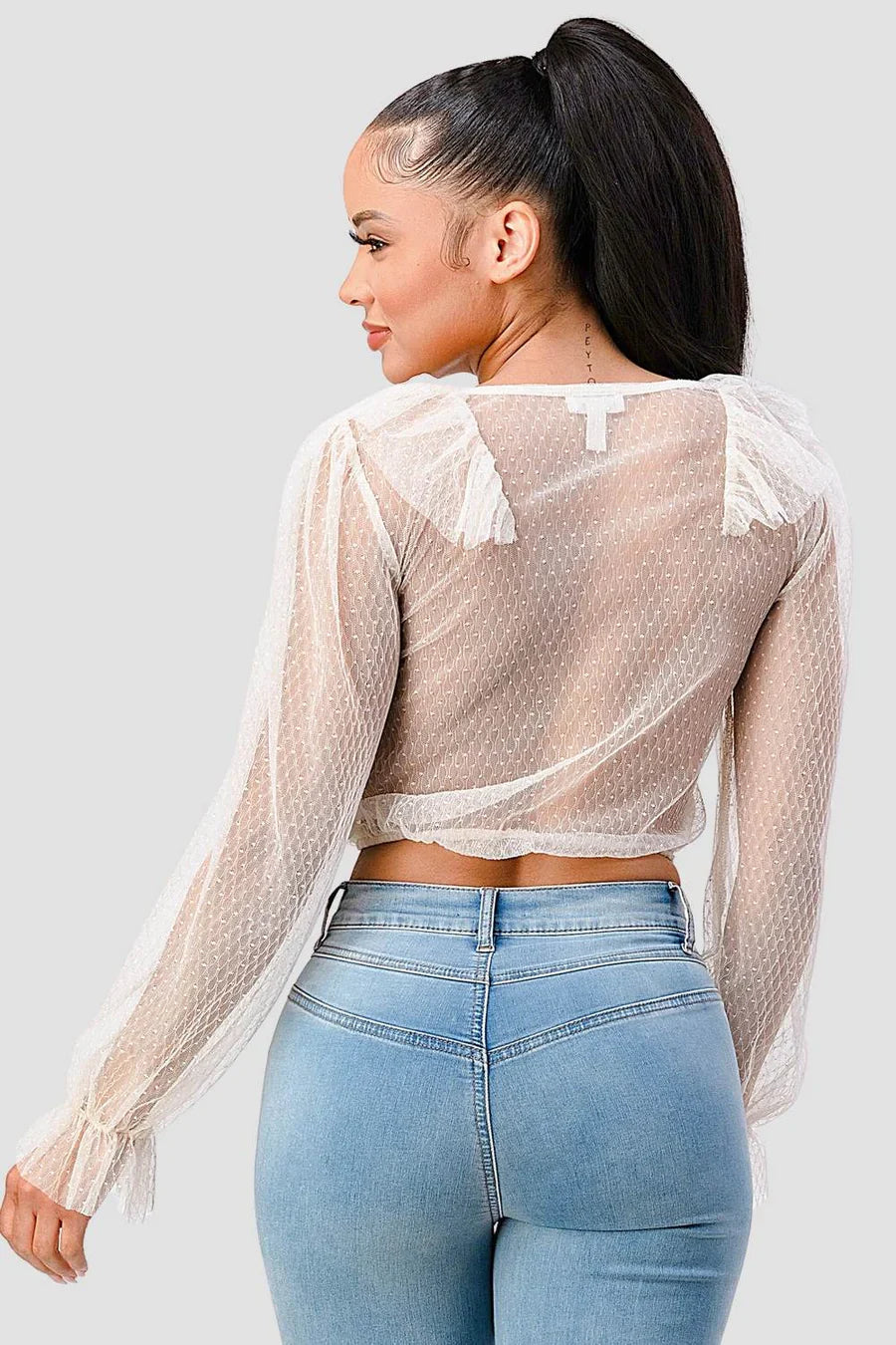 POLKA DOT MESH V-NECK RUFFLE DRAPED DRAWSTRING BOW PUFF LONG SLEEVES CROPPED TOP Bella Moda Latina