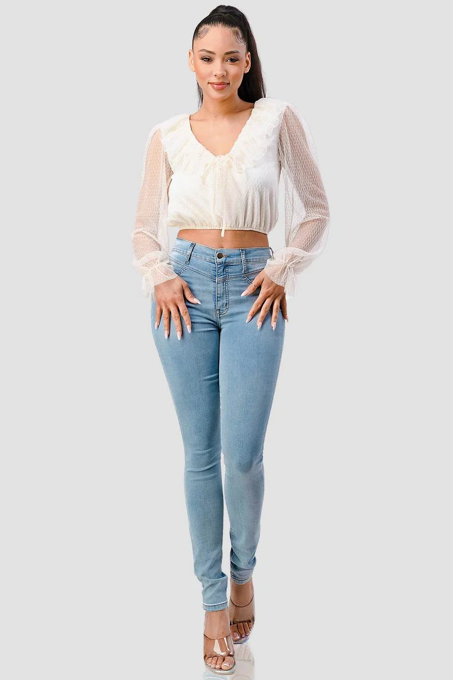 POLKA DOT MESH V-NECK RUFFLE DRAPED DRAWSTRING BOW PUFF LONG SLEEVES CROPPED TOP Bella Moda Latina