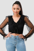 POLKA DOT MESH V-NECK RUFFLE DRAPED DRAWSTRING BOW PUFF LONG SLEEVES CROPPED TOP Bella Moda Latina
