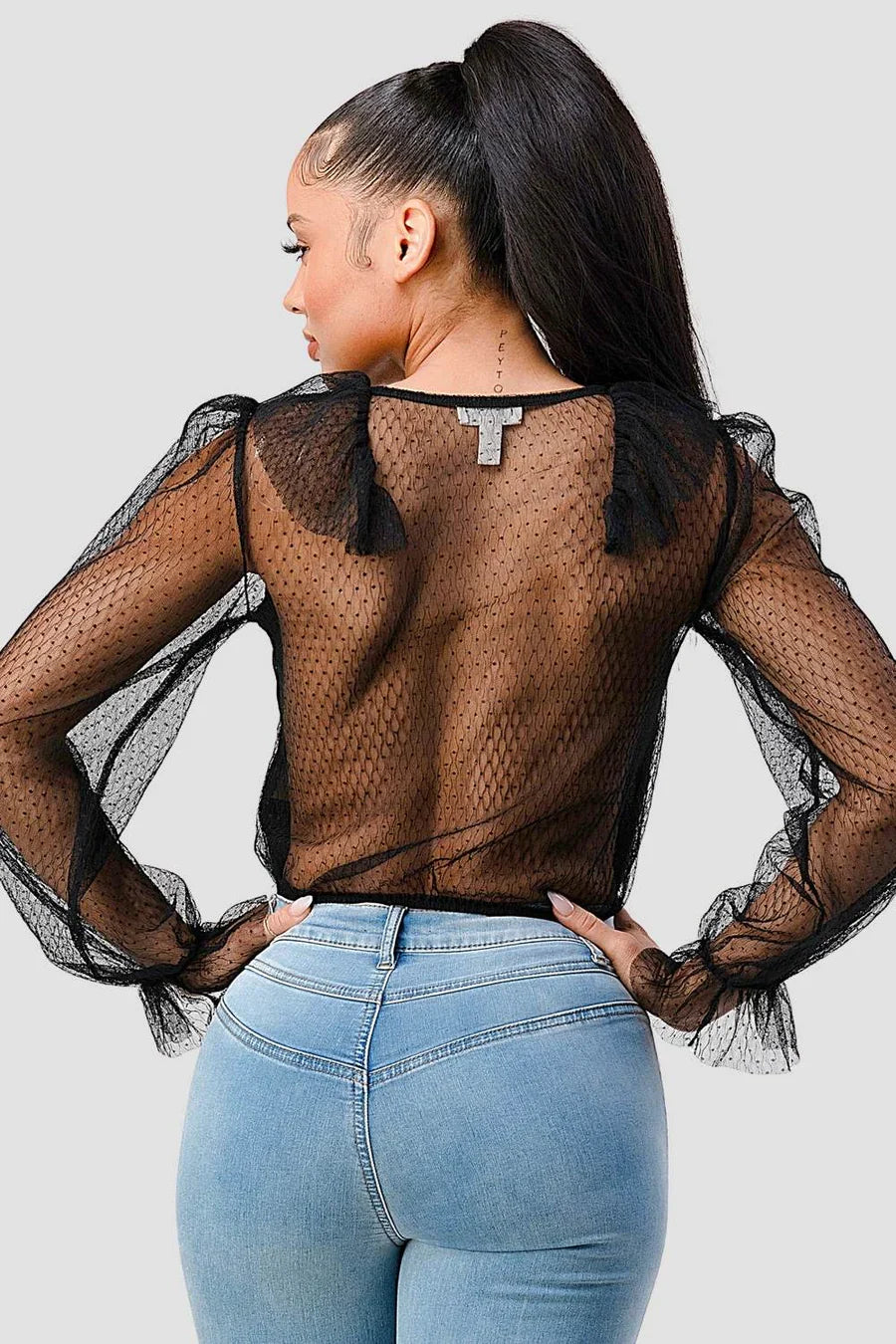 POLKA DOT MESH V-NECK RUFFLE DRAPED DRAWSTRING BOW PUFF LONG SLEEVES CROPPED TOP Bella Moda Latina