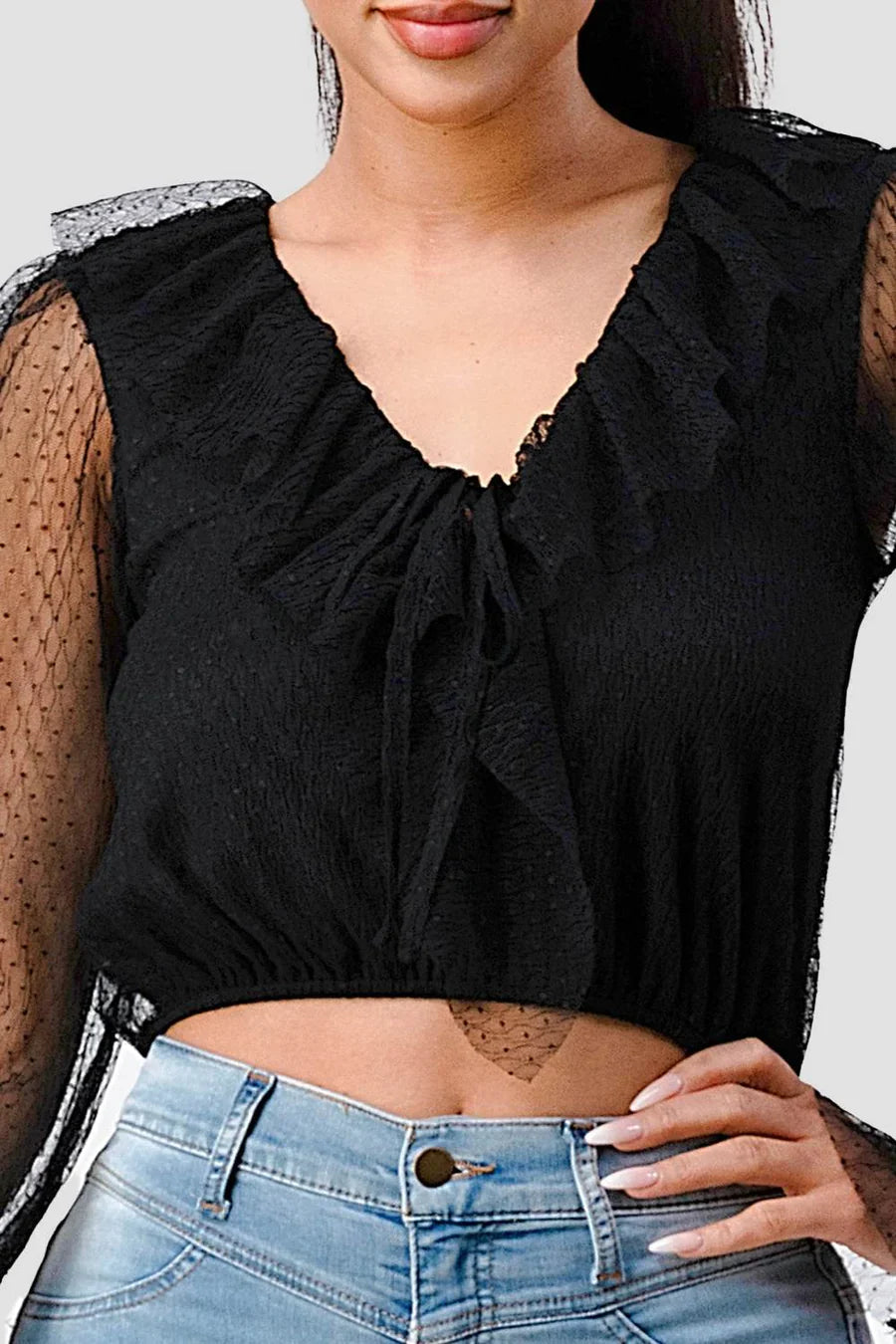 POLKA DOT MESH V-NECK RUFFLE DRAPED DRAWSTRING BOW PUFF LONG SLEEVES CROPPED TOP Bella Moda Latina