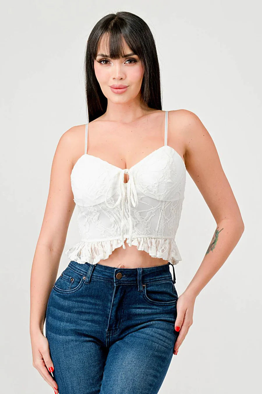 SUPER STRETCH COTTON LACE SWEETHEART DRAWSTRING RUFFLED CROPPED CAMI TOP Bella Moda Latina