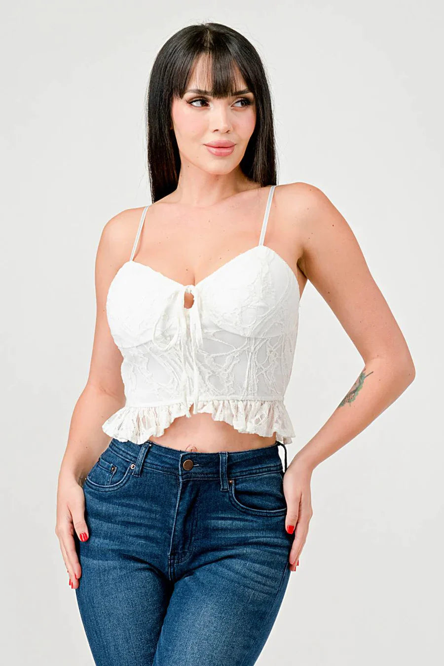 SUPER STRETCH COTTON LACE SWEETHEART DRAWSTRING RUFFLED CROPPED CAMI TOP Bella Moda Latina