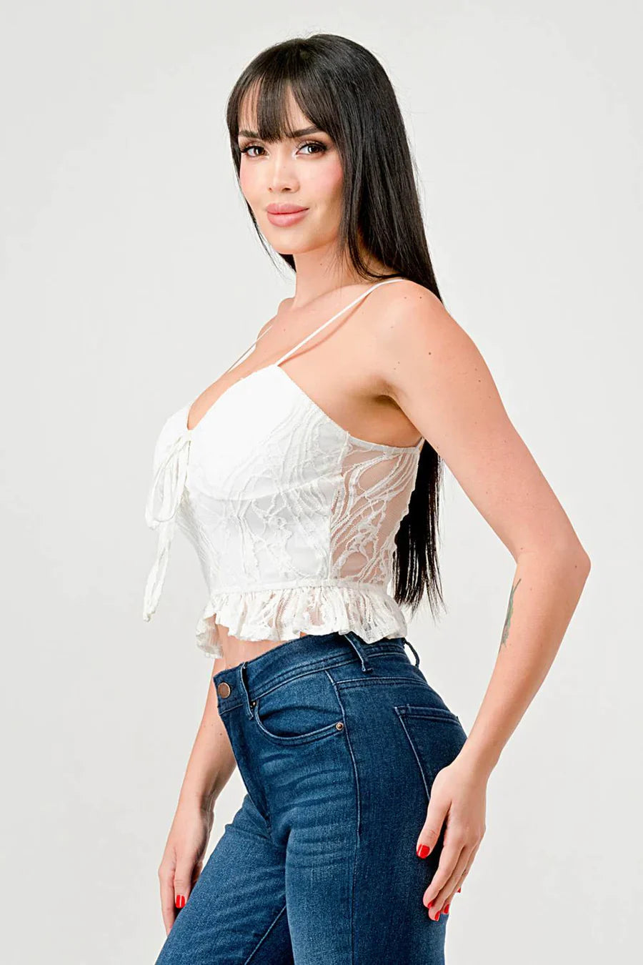 SUPER STRETCH COTTON LACE SWEETHEART DRAWSTRING RUFFLED CROPPED CAMI TOP Bella Moda Latina