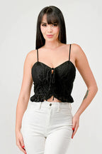 SUPER STRETCH COTTON LACE SWEETHEART DRAWSTRING RUFFLED CROPPED CAMI TOP Bella Moda Latina