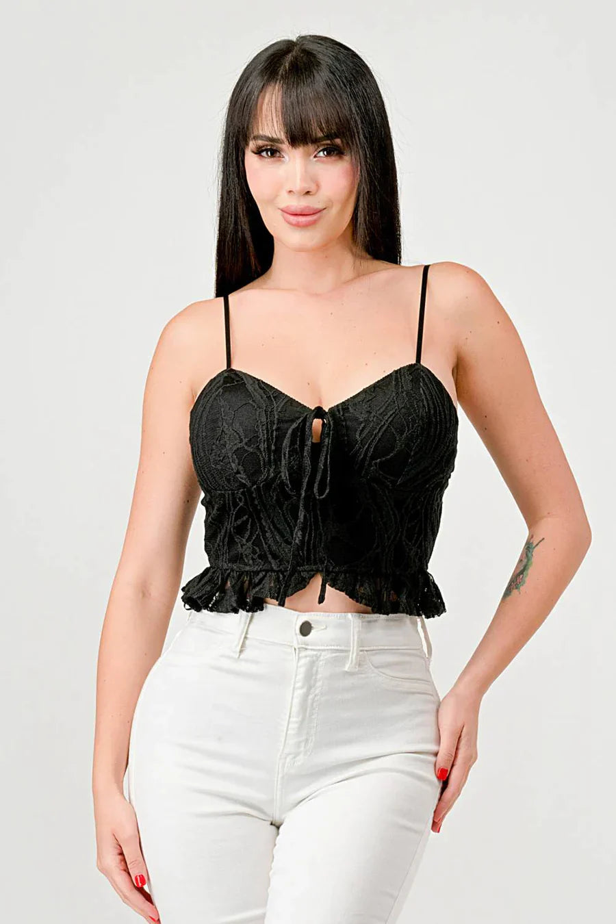 SUPER STRETCH COTTON LACE SWEETHEART DRAWSTRING RUFFLED CROPPED CAMI TOP Bella Moda Latina