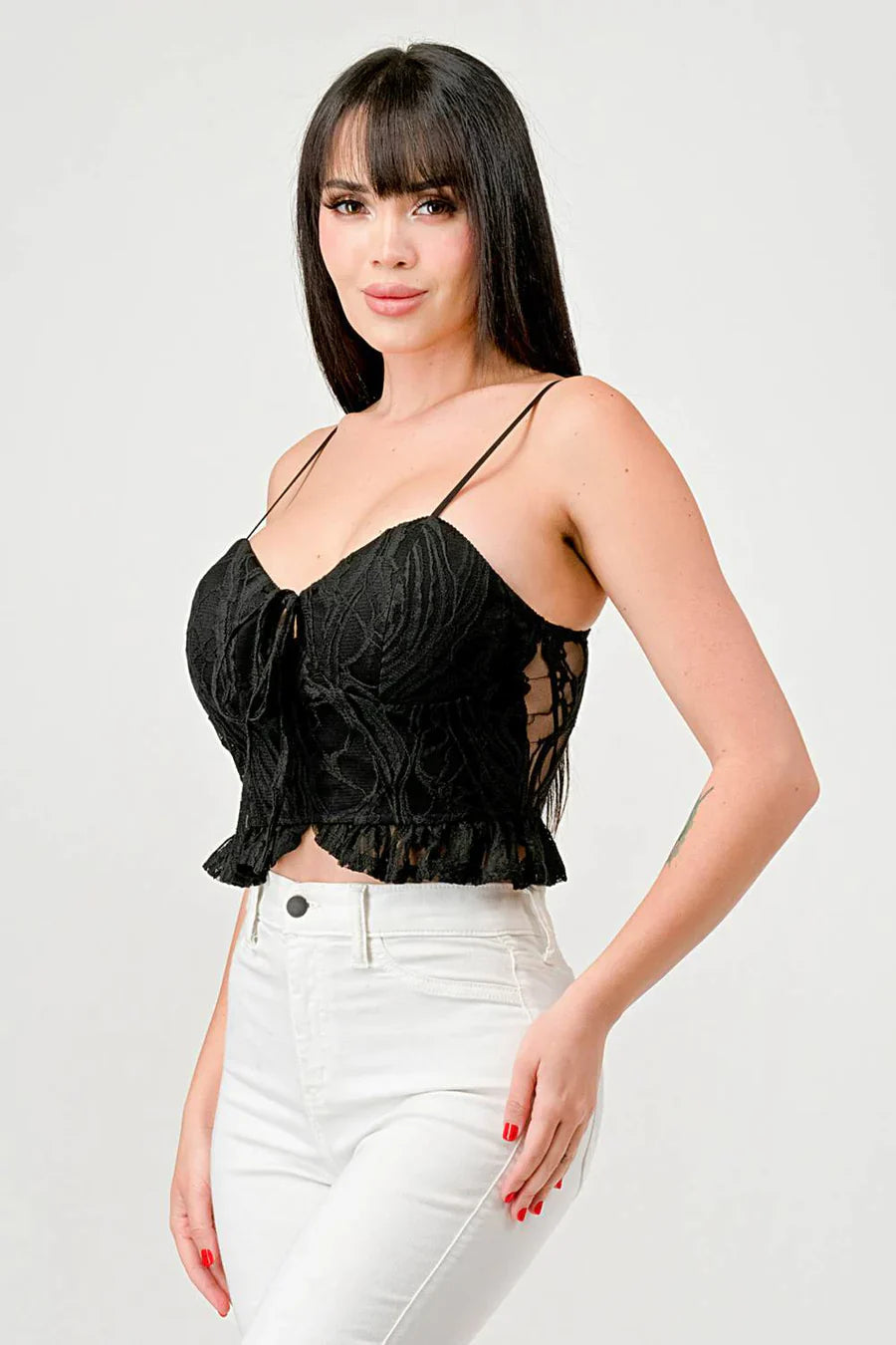 SUPER STRETCH COTTON LACE SWEETHEART DRAWSTRING RUFFLED CROPPED CAMI TOP Bella Moda Latina