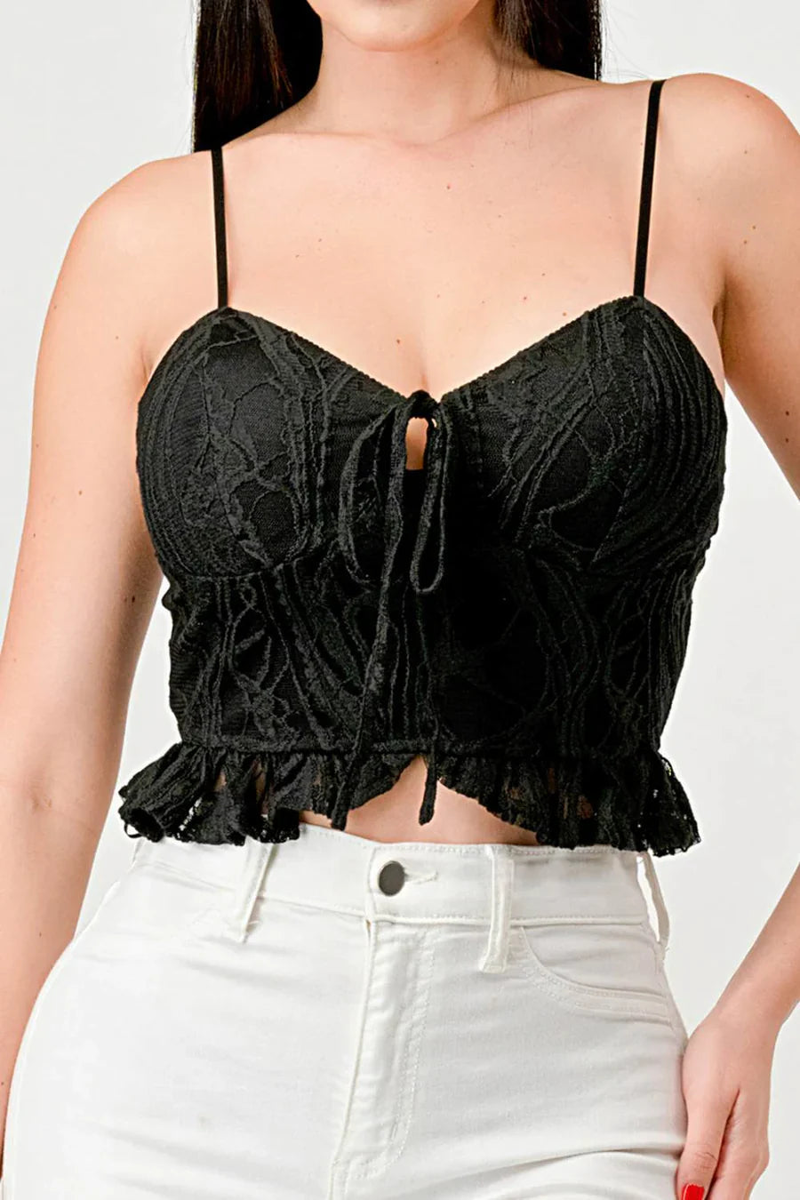 SUPER STRETCH COTTON LACE SWEETHEART DRAWSTRING RUFFLED CROPPED CAMI TOP Bella Moda Latina