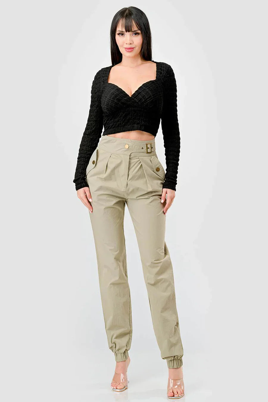 TEXTURED SWEETHEART LONG SLEEVES CROPPED TOP Bella Moda Latina