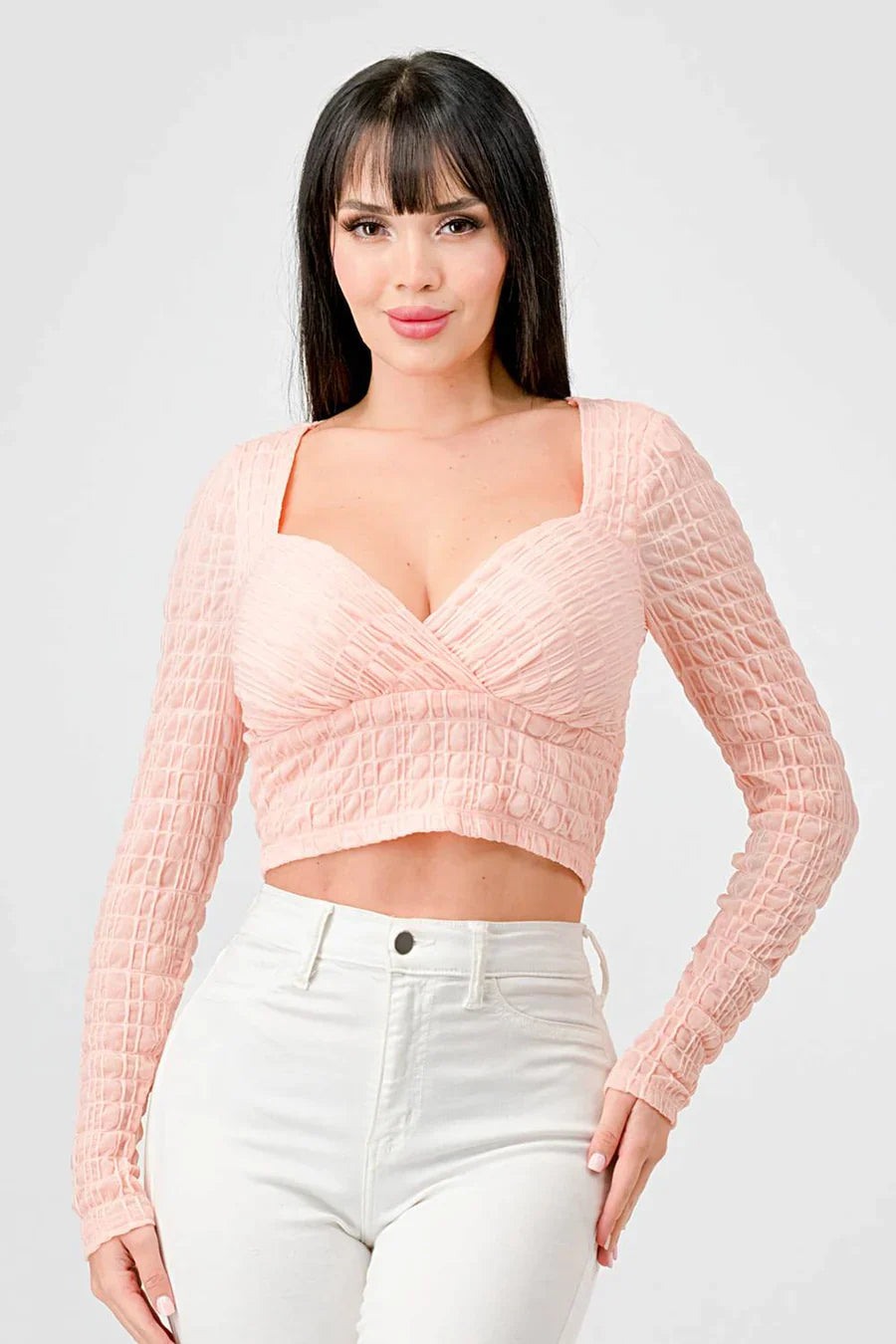 TEXTURED SWEETHEART LONG SLEEVES CROPPED TOP Bella Moda Latina