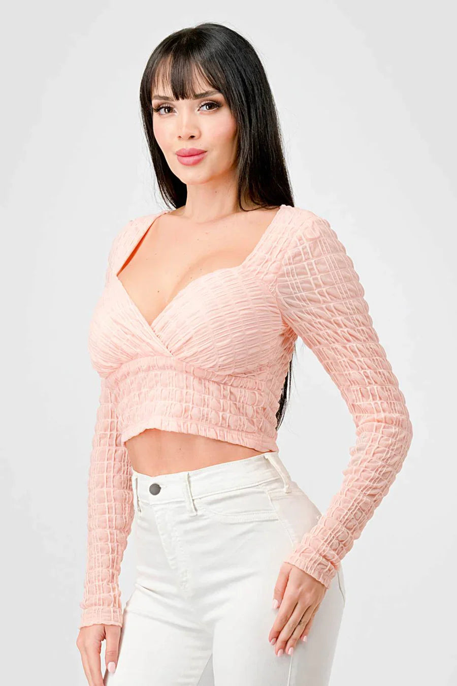 TEXTURED SWEETHEART LONG SLEEVES CROPPED TOP Bella Moda Latina