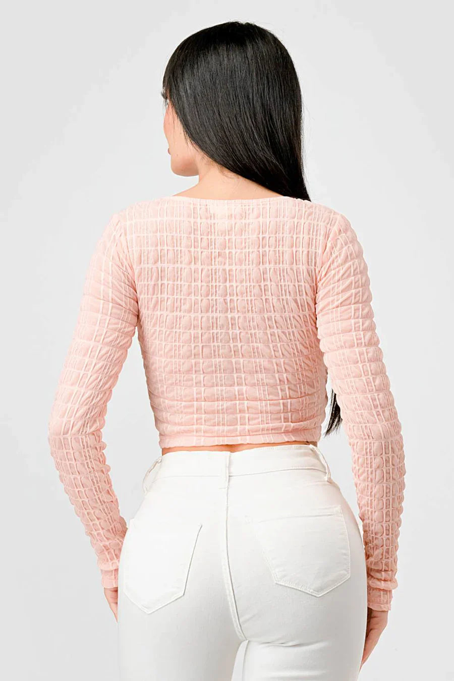 TEXTURED SWEETHEART LONG SLEEVES CROPPED TOP Bella Moda Latina