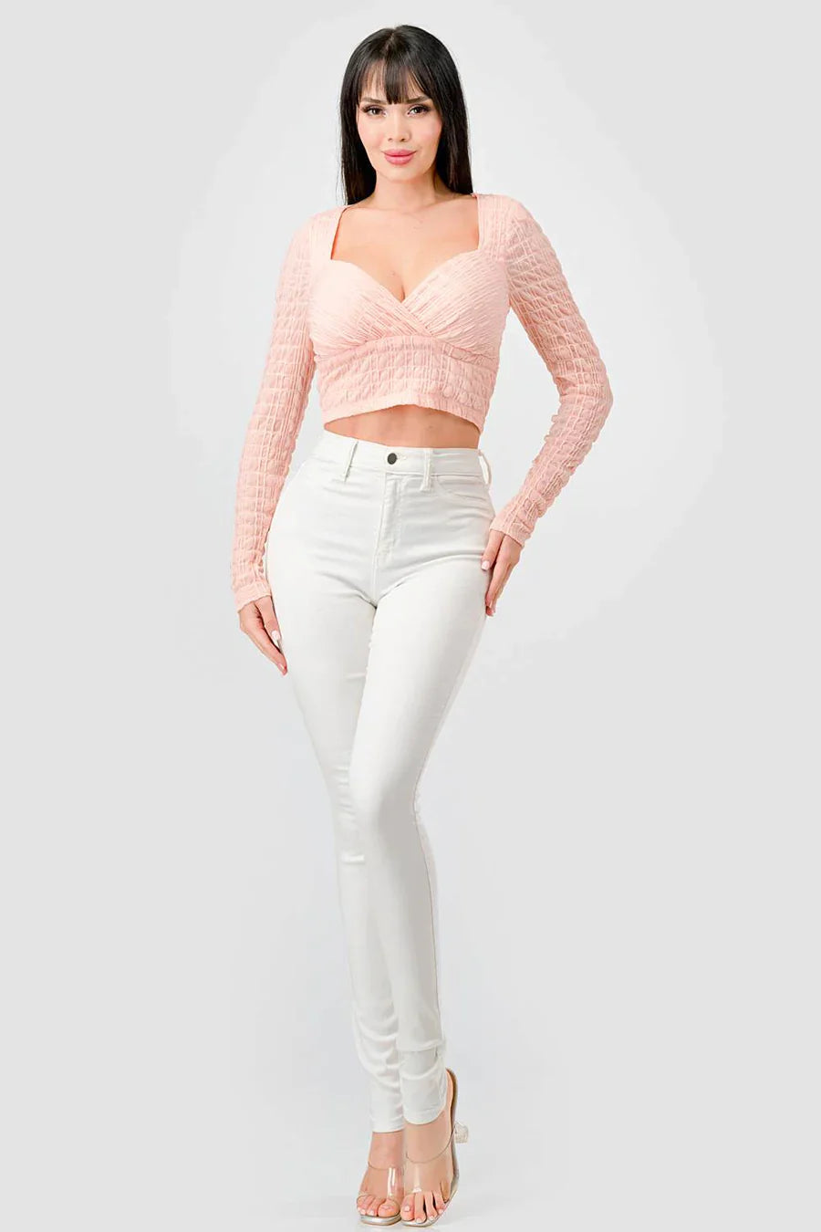 TEXTURED SWEETHEART LONG SLEEVES CROPPED TOP Bella Moda Latina