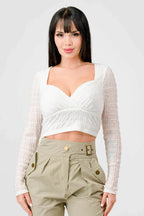 TEXTURED SWEETHEART LONG SLEEVES CROPPED TOP Bella Moda Latina