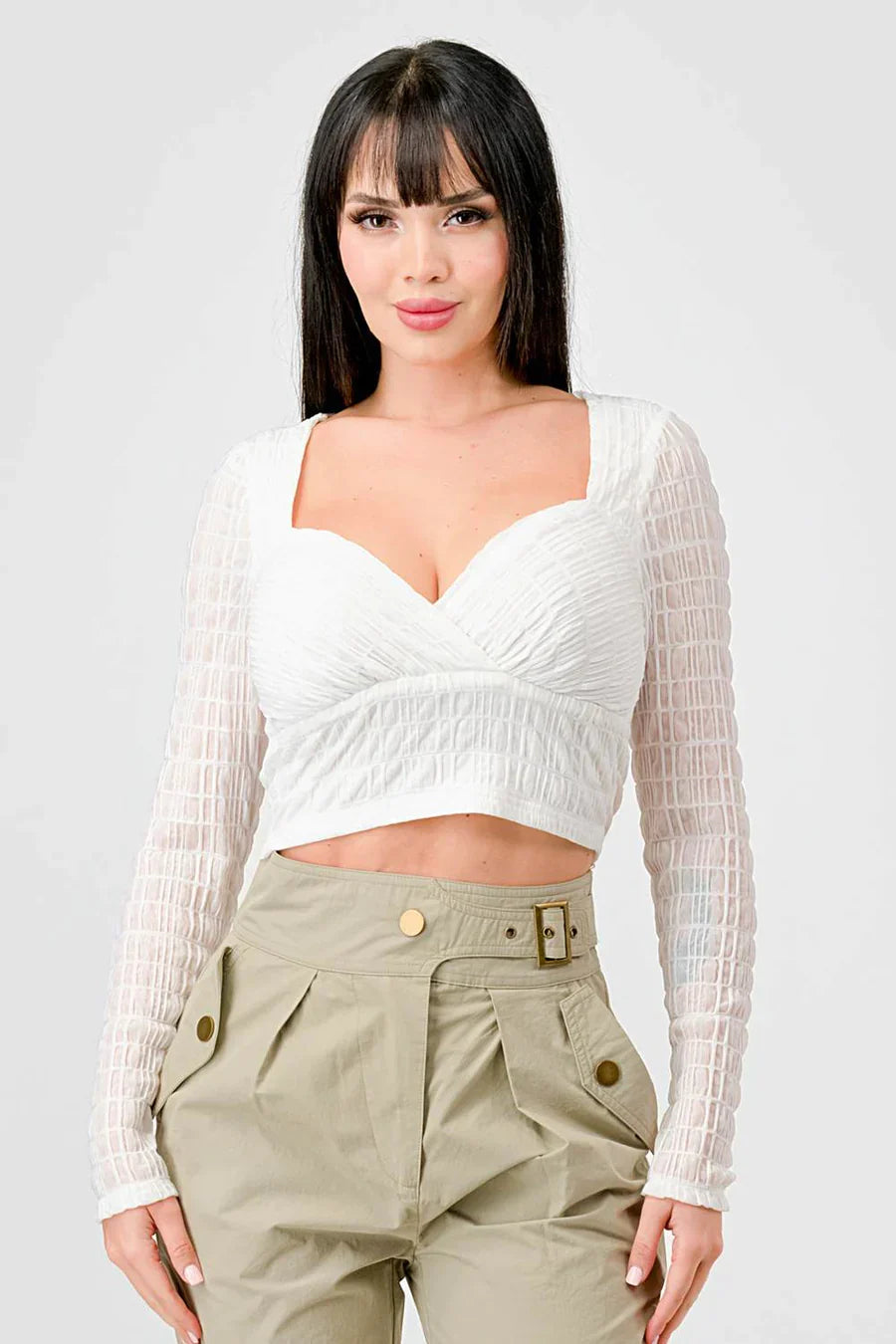 TEXTURED SWEETHEART LONG SLEEVES CROPPED TOP Bella Moda Latina