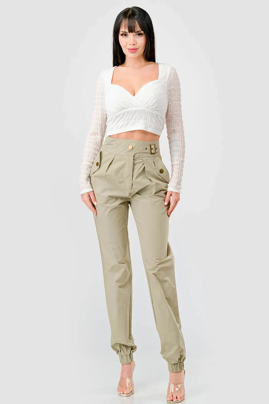 TEXTURED SWEETHEART LONG SLEEVES CROPPED TOP Bella Moda Latina