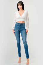 Luxe Lace Sequin Crop Top with Sheer Long Sleeves – Black or White Bella Moda Latina