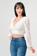 Luxe Lace Sequin Crop Top with Sheer Long Sleeves – Black or White Bella Moda Latina