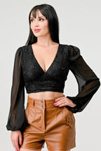 Luxe Lace Sequin Crop Top with Sheer Long Sleeves – Black or White Bella Moda Latina