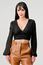 Luxe Lace Sequin Crop Top with Sheer Long Sleeves – Black or White Bella Moda Latina