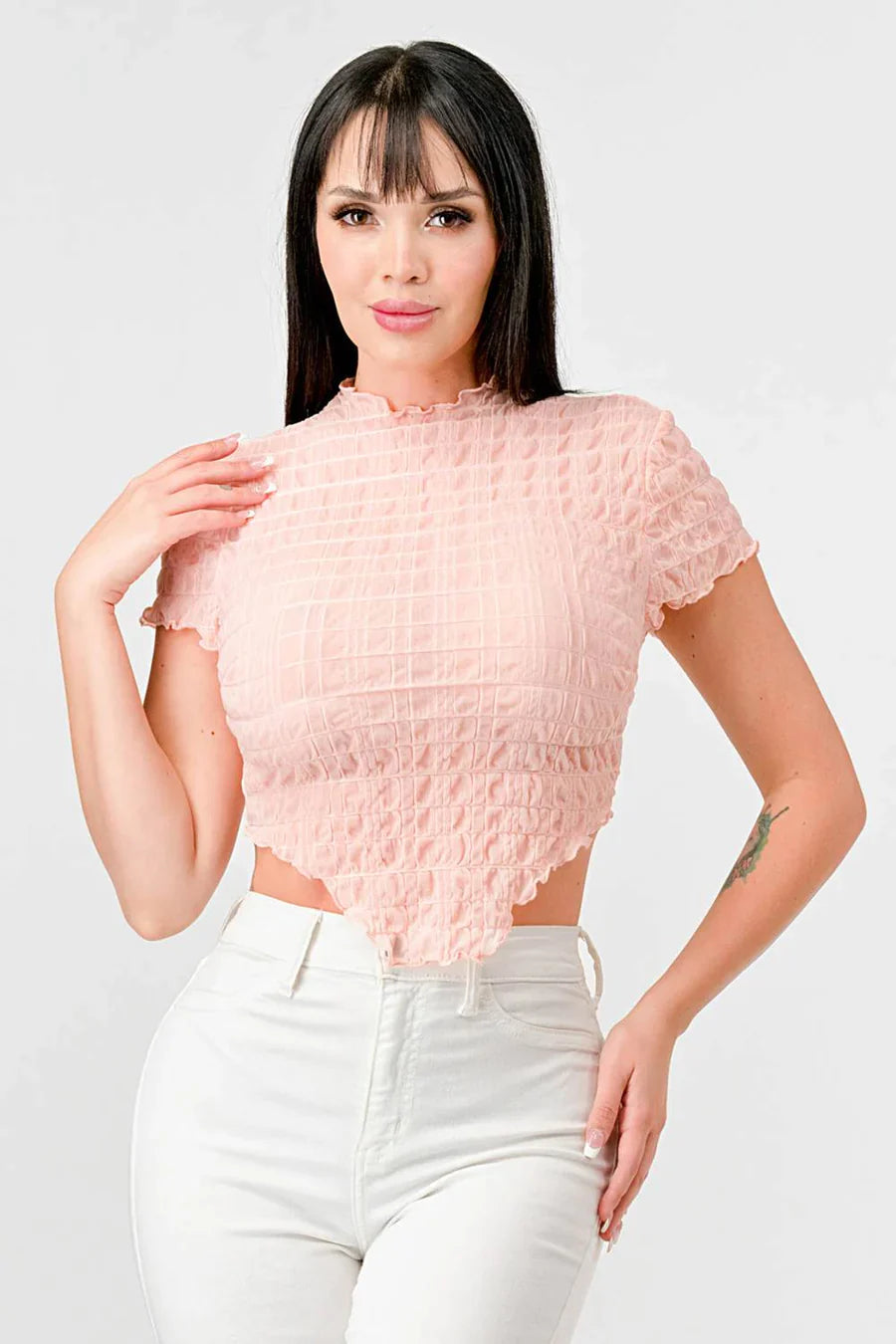 TEXTURED RUFFLED HEM KEYHOLE BACK ASYMMETRICAL CROPPED TOP Bella Moda Latina