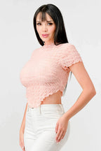 TEXTURED RUFFLED HEM KEYHOLE BACK ASYMMETRICAL CROPPED TOP Bella Moda Latina